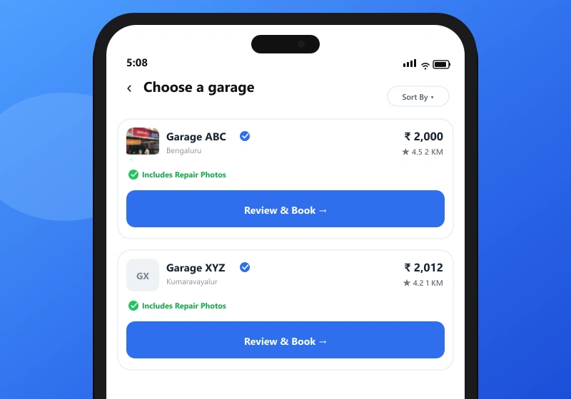 Relatim app on a phone showing nearby garages with prices so you can compare and book