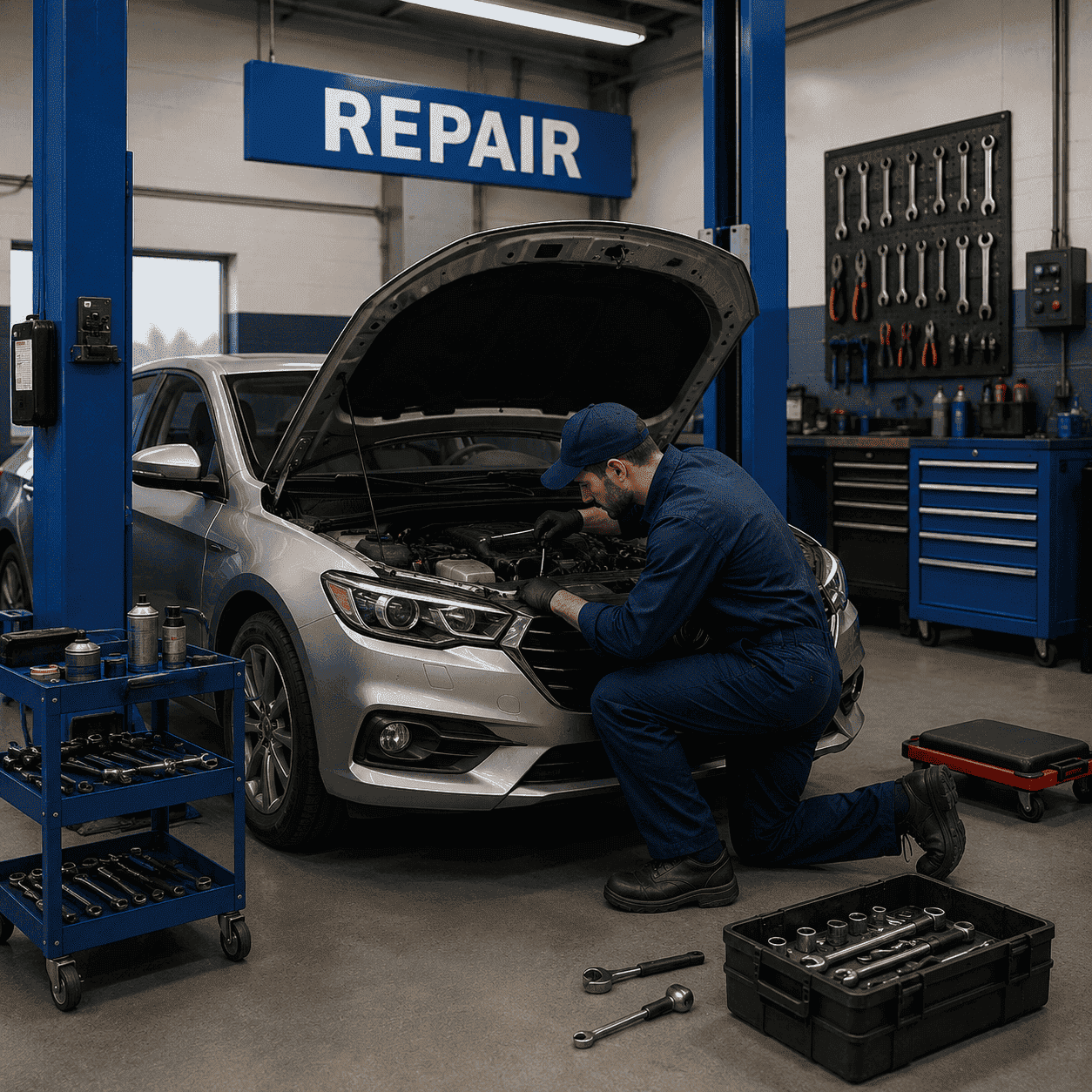 Mechanic diagnosing a car air conditioning problem