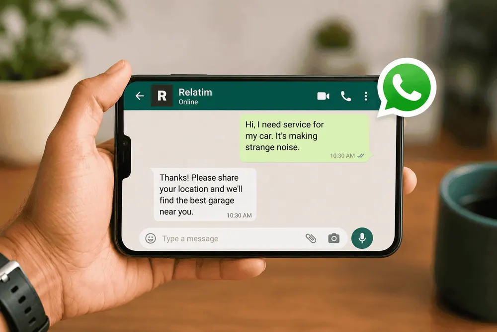 Phone showing a WhatsApp vehicle service request to Relatim